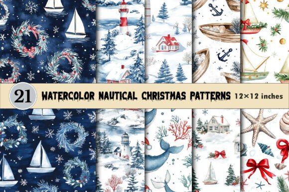 Download Watercolor Nautical Christmas Patterns - Pattern Collection