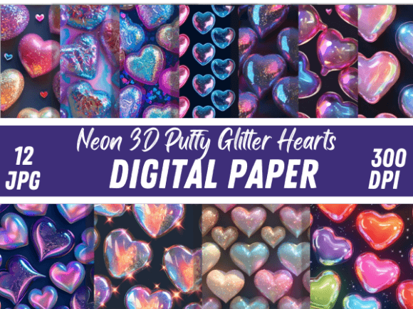 Download Neon 3D Puffy Glitter Hearts Patterns - Pattern Collection