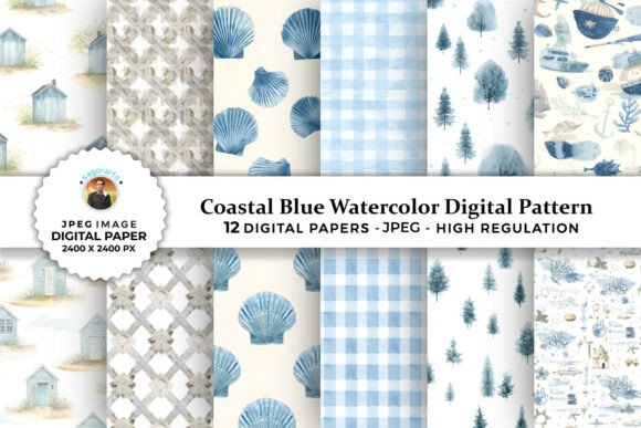 Download Coastal Blue Watercolor Digital Patterns - Pattern Collection