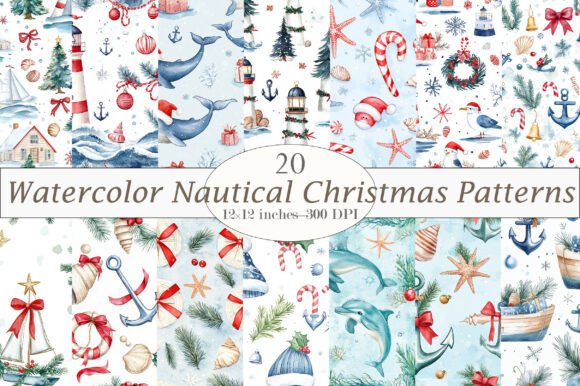 Download Watercolor Nautical Christmas Patterns - Pattern Collection