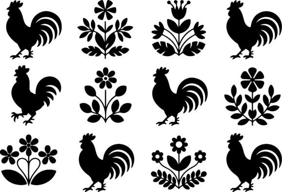Download Rooster and Floral Silhouettes Clipart - Floral silhouettes Collection